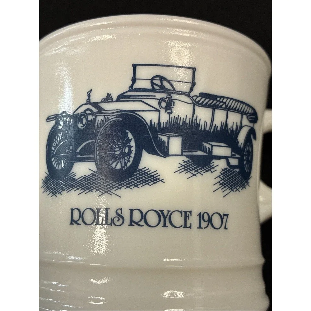 Vintage Surrey Shaving Mug Blue Rolls Royce 1907 USA Milk Glass 3.5” Grandpacore
